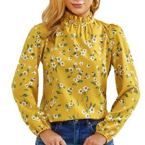 Yellow floral long sleeved blouse with ruffled neckline